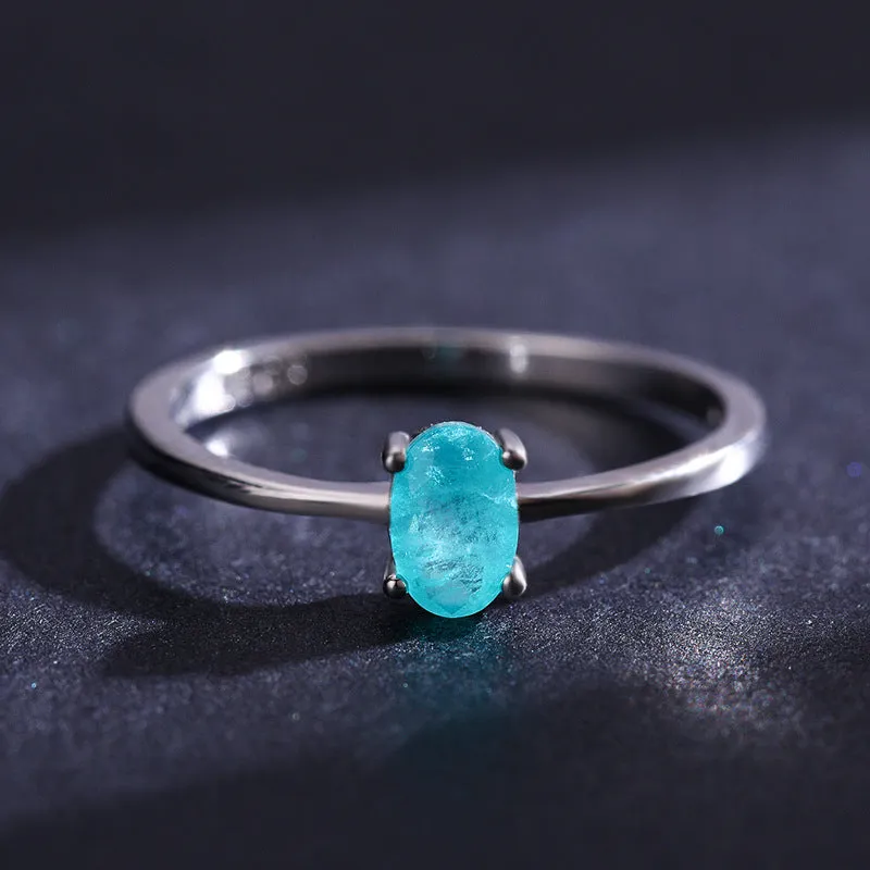Elegant S925 Sterling Silver Egg Shaped Imitation Palaiba Tourmaline Ring for Women - Size 5-10