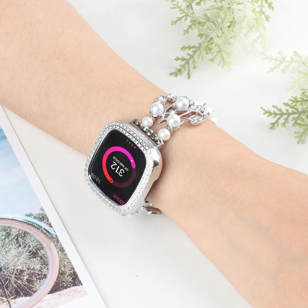 Fitbit Versa 3 rhinestone flower shaped orbs watch strap - White
