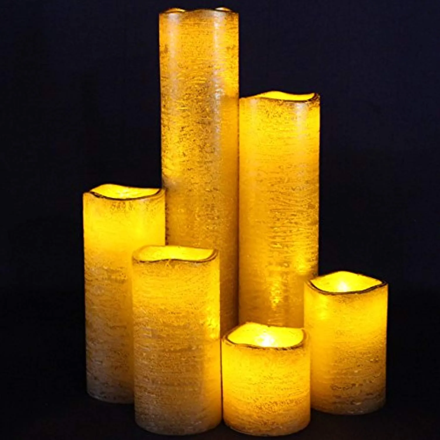 Flameless LED Candles with Timer Slim Set of 6, 2" Wide and 2"- 9" Tall, Gold Coated Wax
