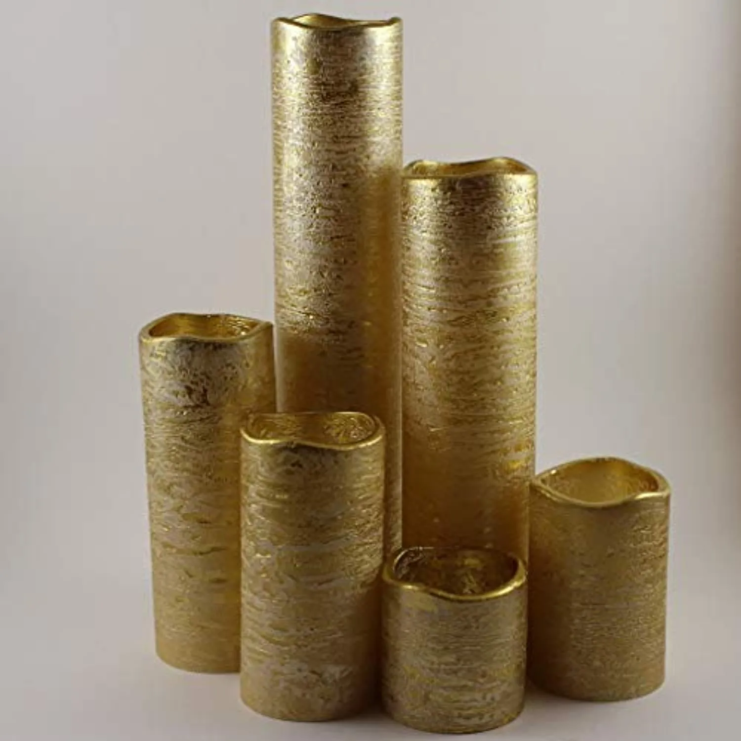 Flameless LED Candles with Timer Slim Set of 6, 2" Wide and 2"- 9" Tall, Gold Coated Wax