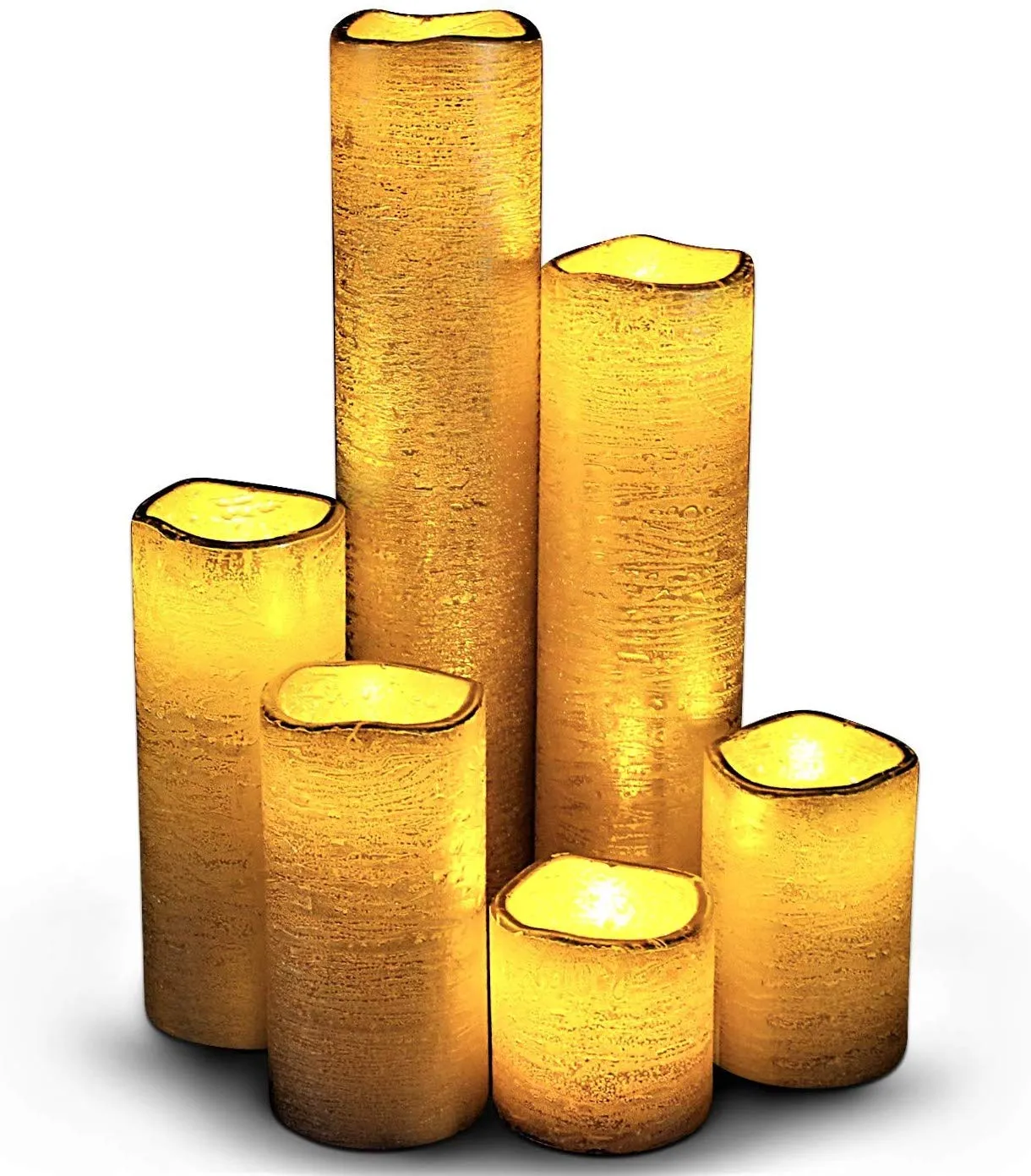 Flameless LED Candles with Timer Slim Set of 6, 2" Wide and 2"- 9" Tall, Gold Coated Wax