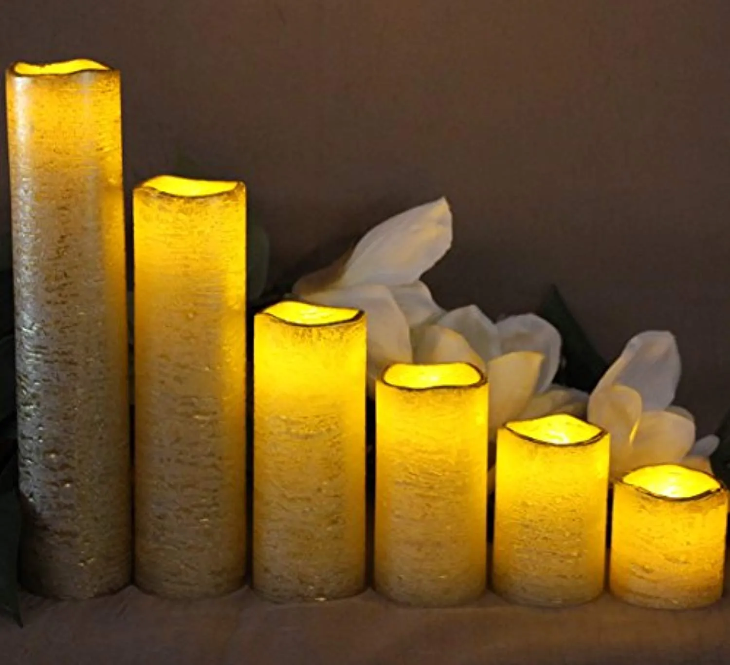 Flameless LED Candles with Timer Slim Set of 6, 2" Wide and 2"- 9" Tall, Gold Coated Wax