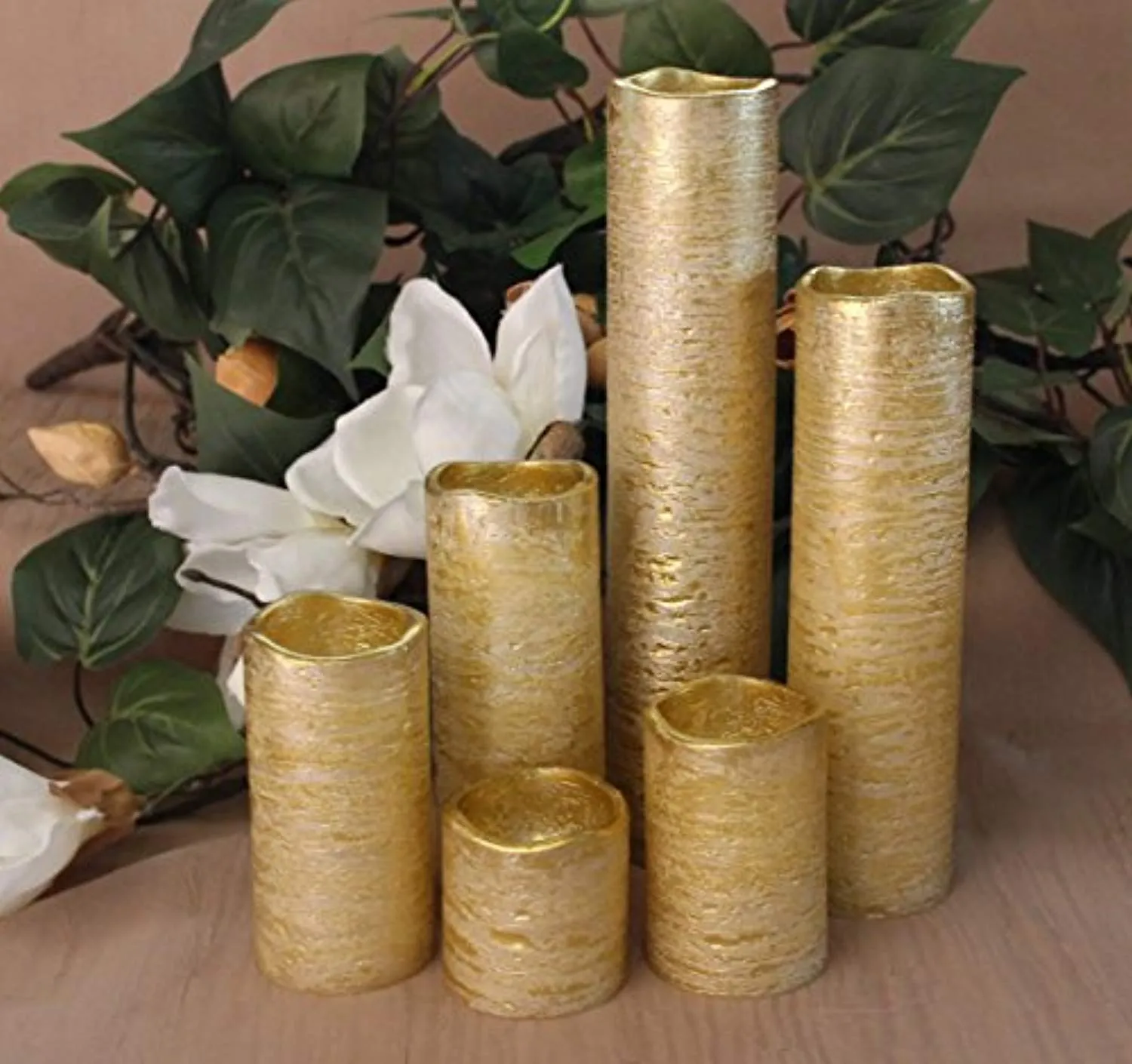 Flameless LED Candles with Timer Slim Set of 6, 2" Wide and 2"- 9" Tall, Gold Coated Wax