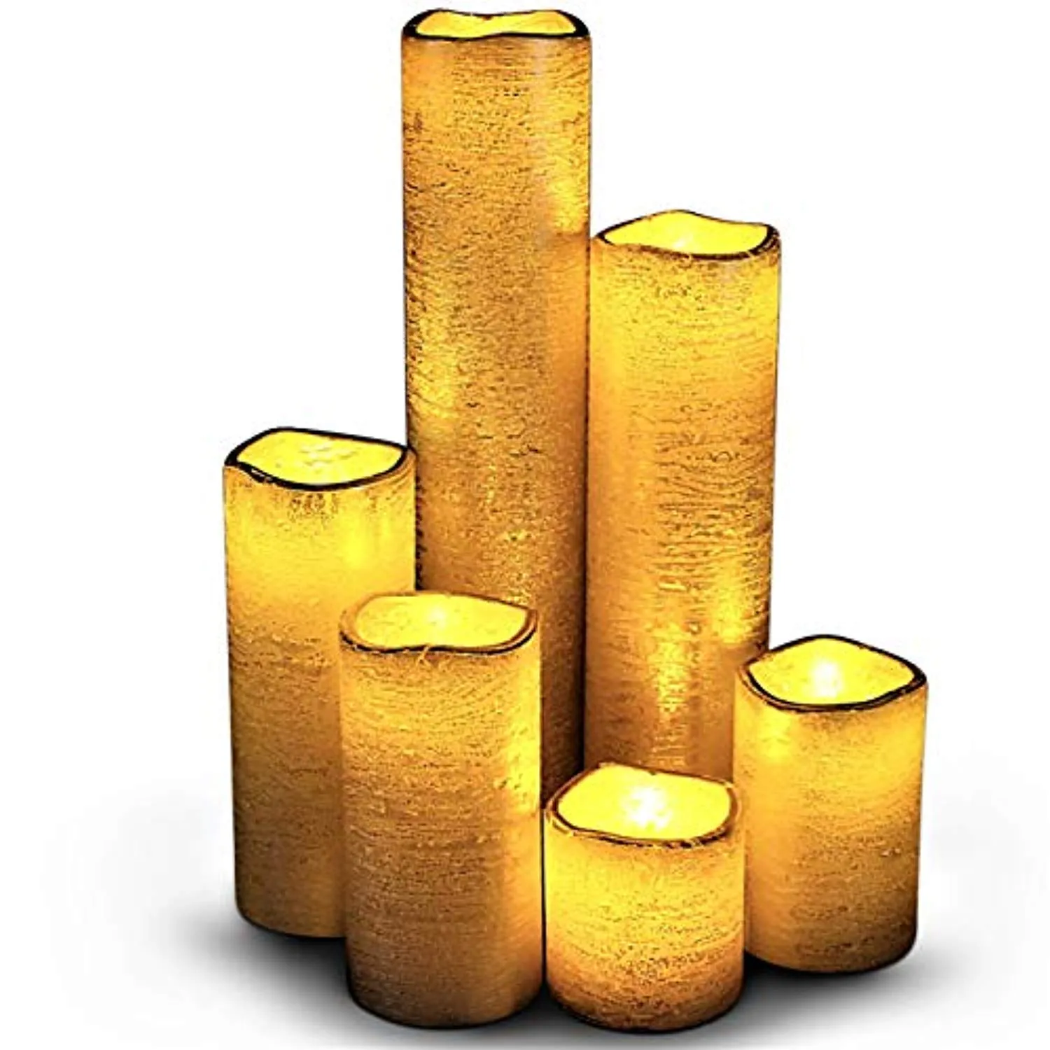 Flameless LED Candles with Timer Slim Set of 6, 2" Wide and 2"- 9" Tall, Gold Coated Wax