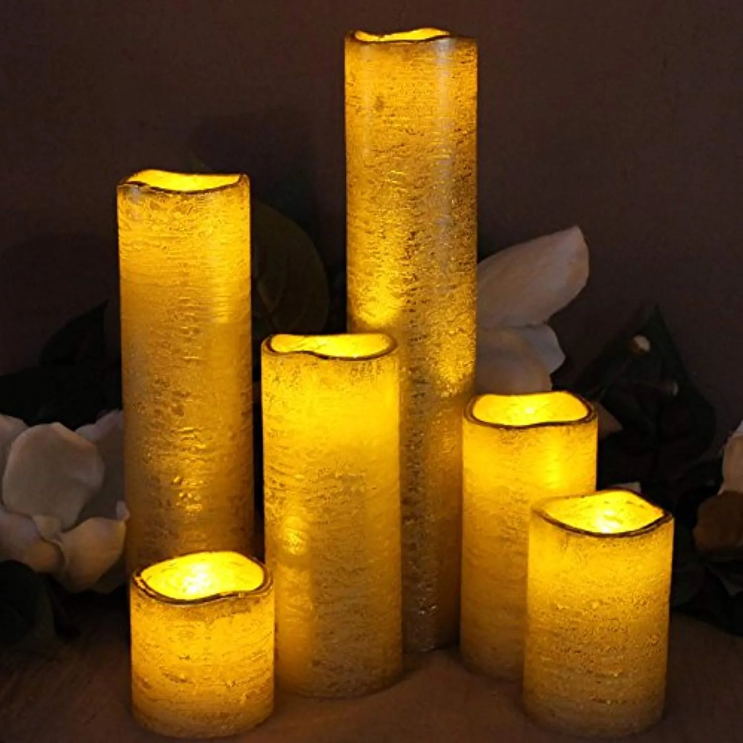 Flameless LED Candles with Timer Slim Set of 6, 2" Wide and 2"- 9" Tall, Gold Coated Wax