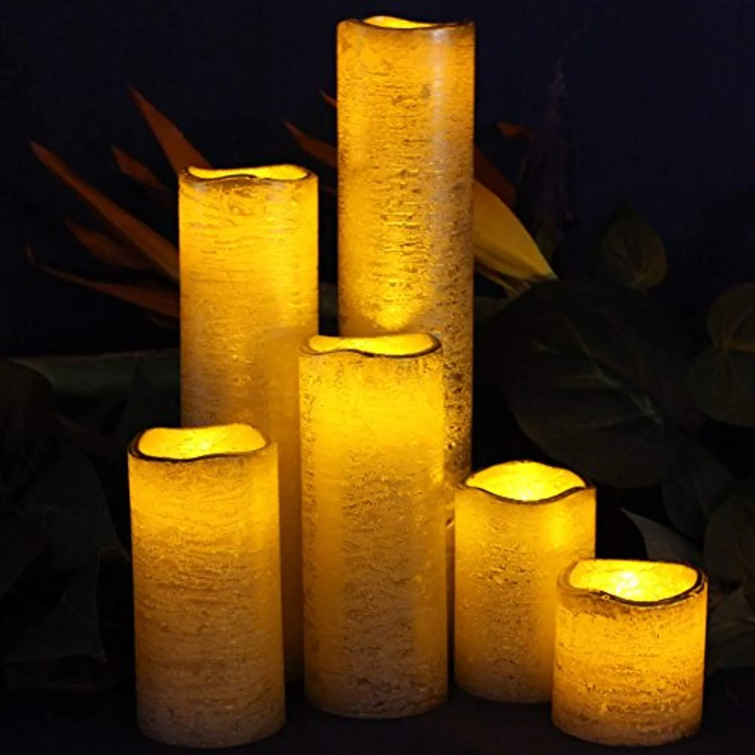 Flameless LED Candles with Timer Slim Set of 6, 2" Wide and 2"- 9" Tall, Gold Coated Wax