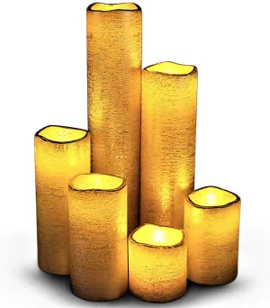 Flameless LED Candles with Timer Slim Set of 6, 2" Wide and 2"- 9" Tall, Gold Coated Wax