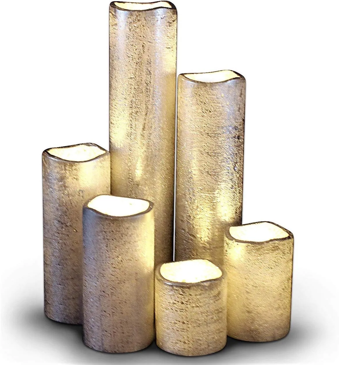 Flameless LED Candles with Timer Slim Set of 6, 2" Wide and 2"- 9" Tall, Gold Coated Wax