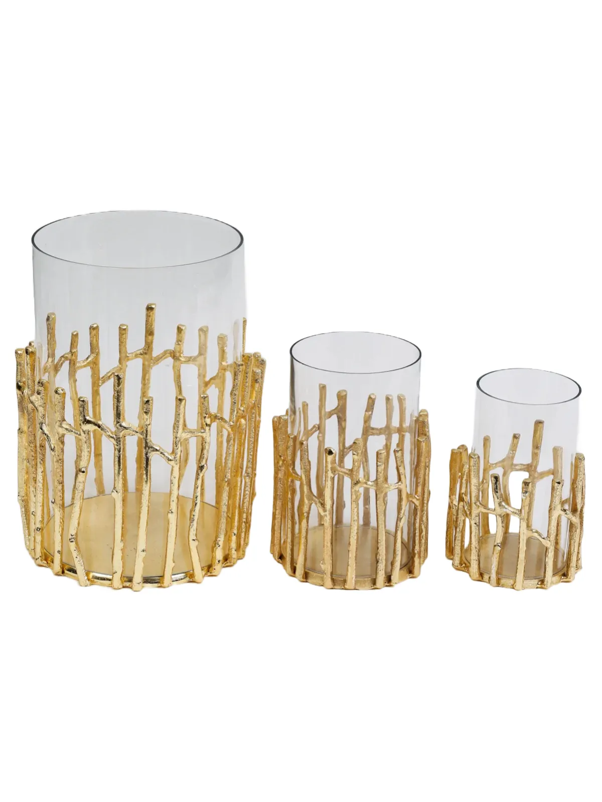 Glass Hurricane Floral Vase with Gold Twig Design (3 Sizes)