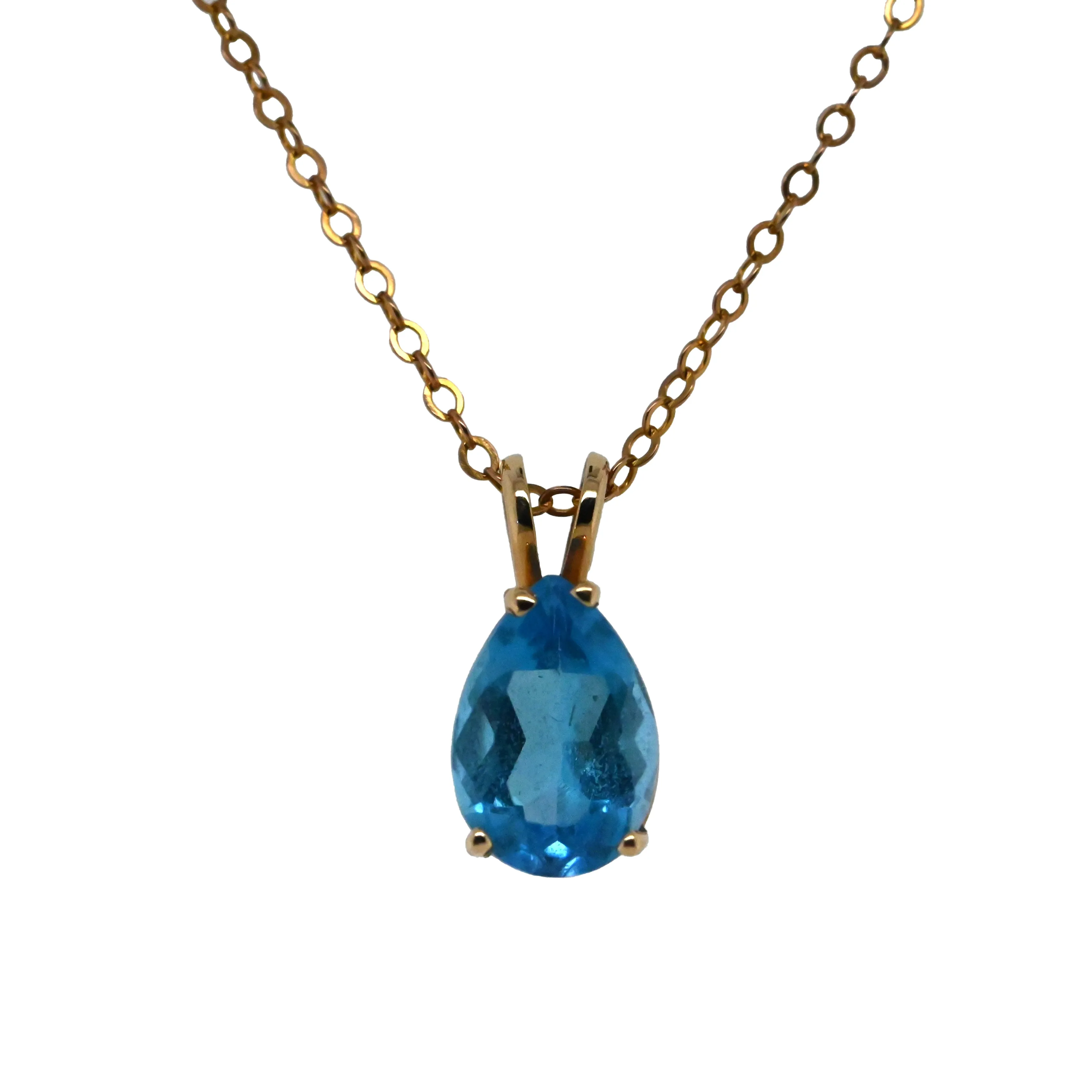 Gold Pear Shaped Swiss Blue Topaz Pendant with Chain