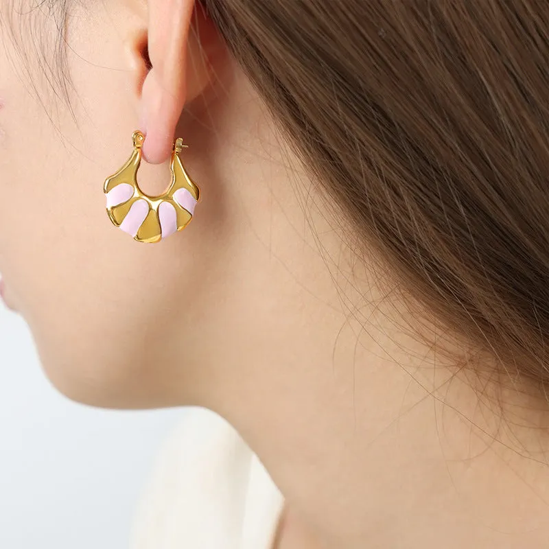 Golden Fan-shaped Enamel Earrings - Exquisite High-End Design for Stylish Women