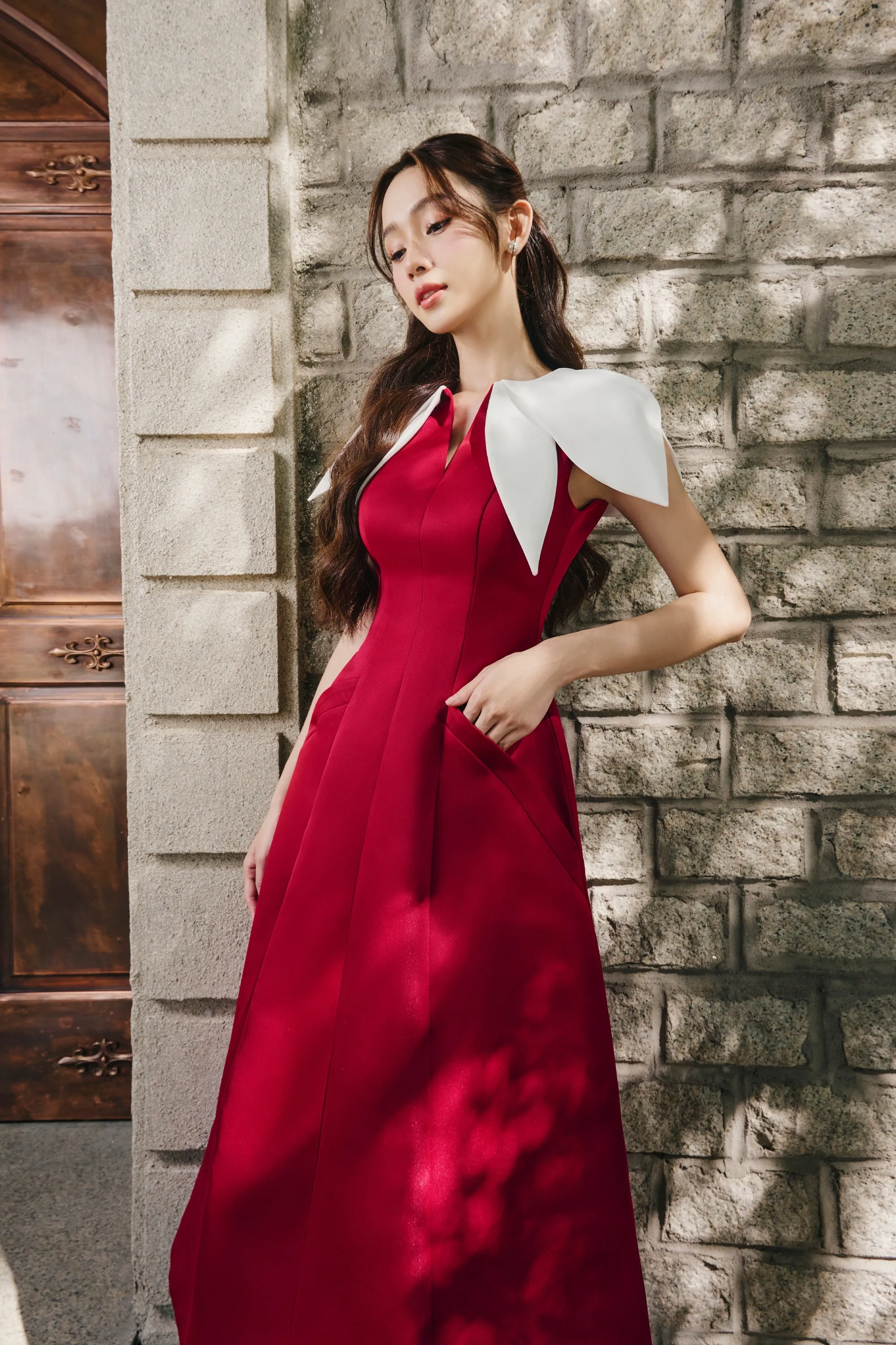 Hadid A-line V-Neck Silk Satin Midi Dress