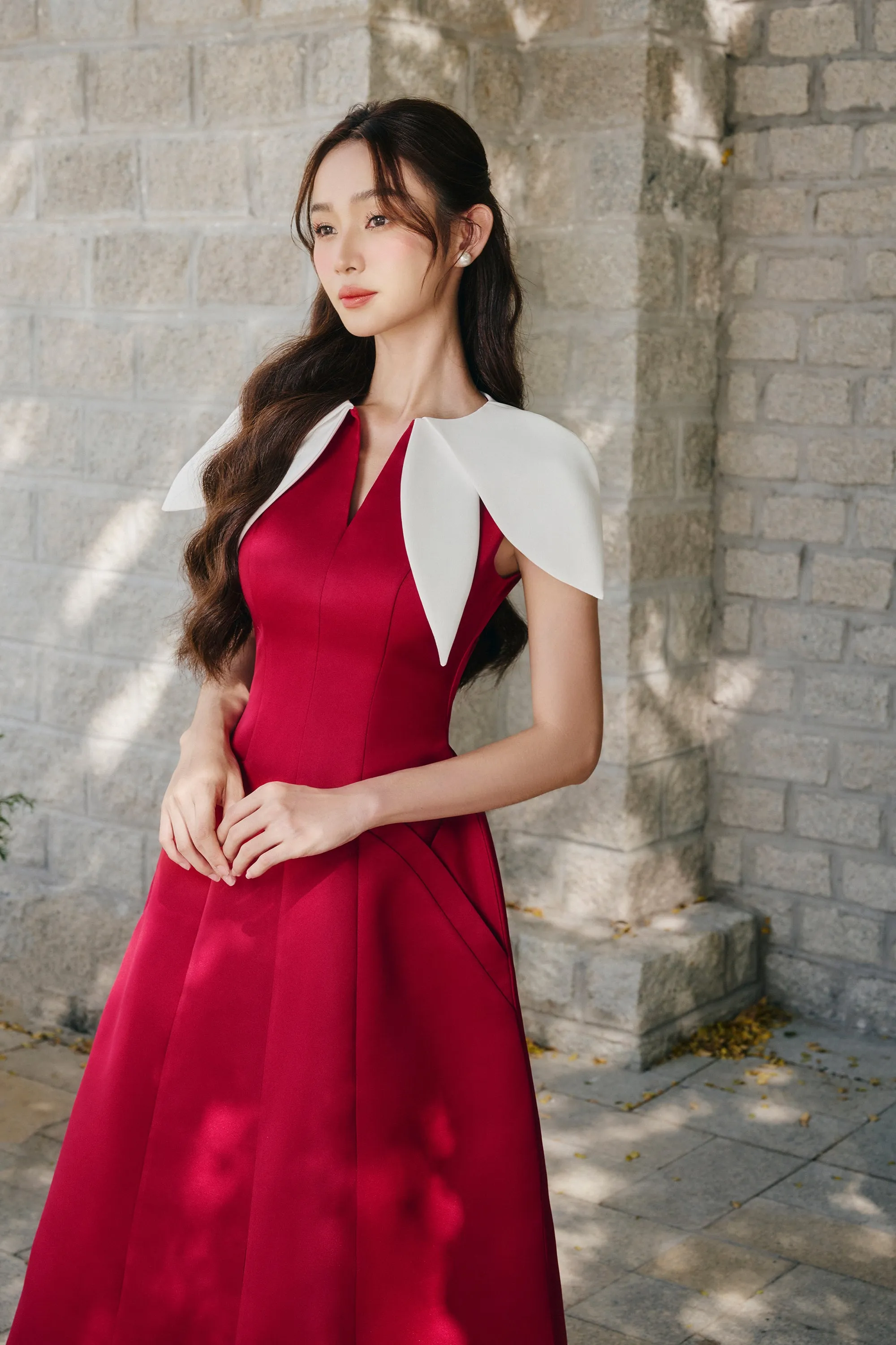 Hadid A-line V-Neck Silk Satin Midi Dress