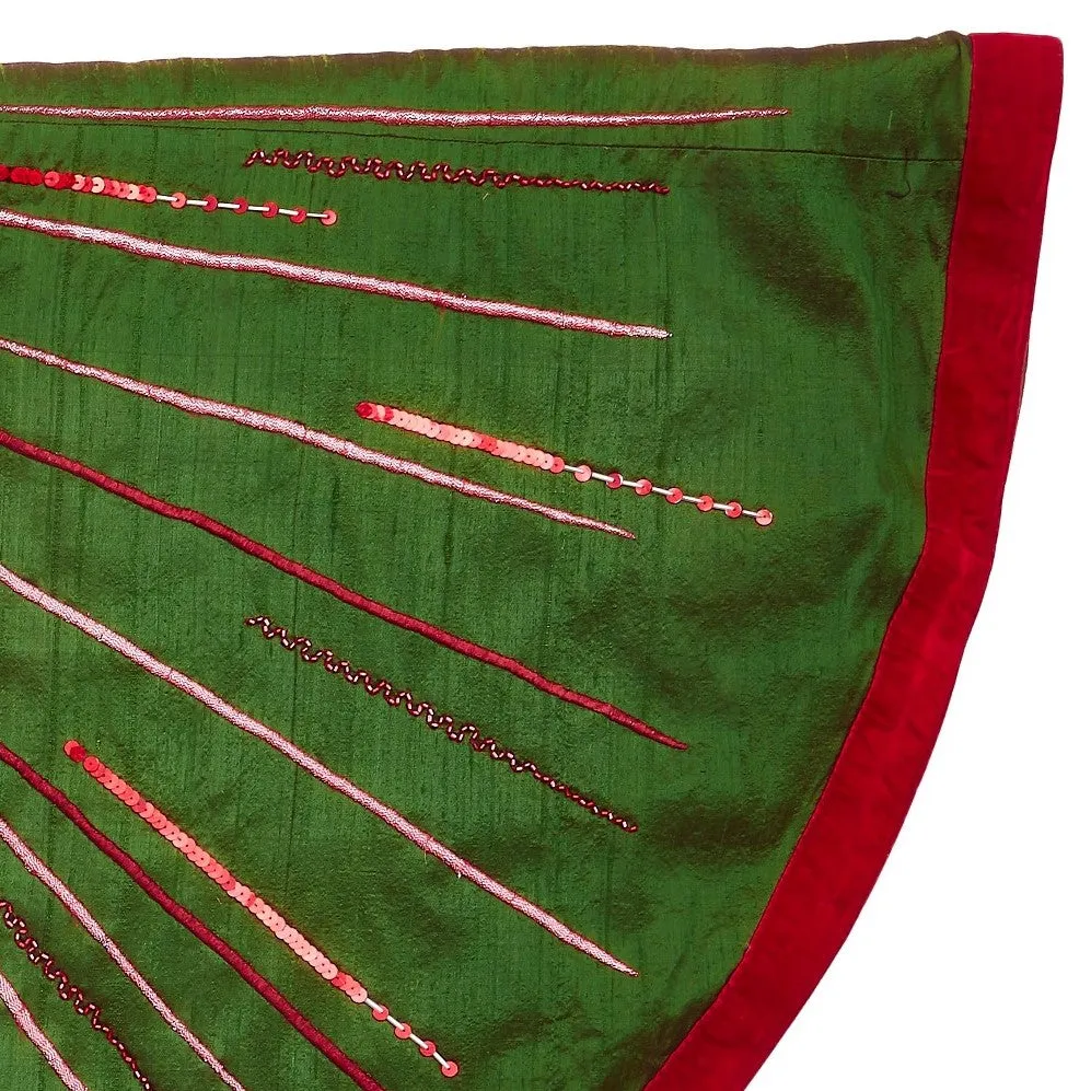 Hand Beaded Starburst Christmas Tree Skirt In Green Silk - 60"