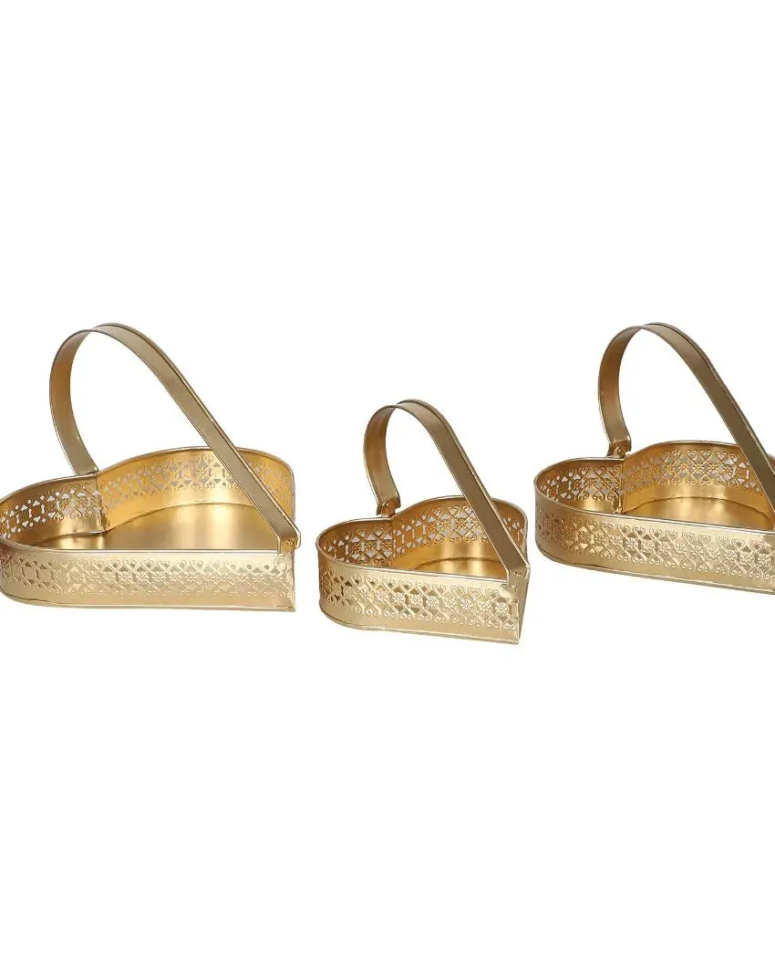 Heart Shape Gifting Iron Tray Basket | Gold | Set Of 3