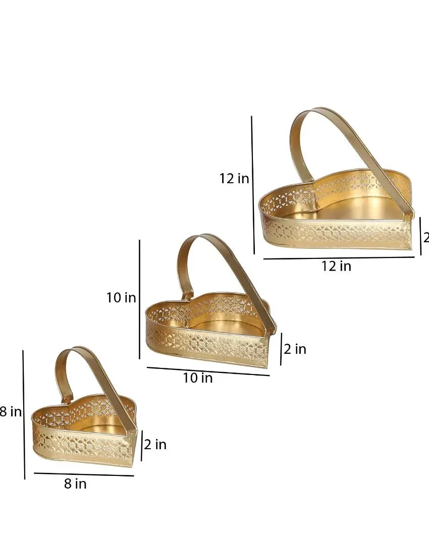 Heart Shape Gifting Iron Tray Basket | Gold | Set Of 3