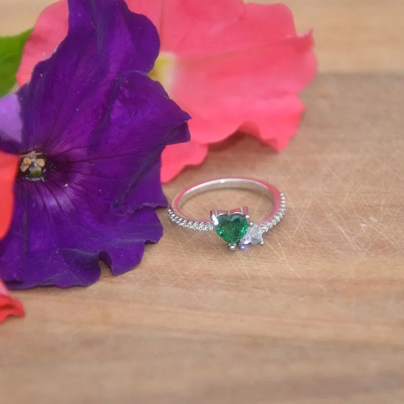 Heart-Shaped Sterling Silver Ring with Dual-Coloured Zircon Stones