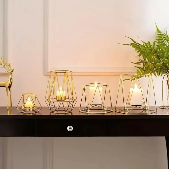 Hexagon Shaped Metal Candle Stand-(14306)Golden(SA2405-17)