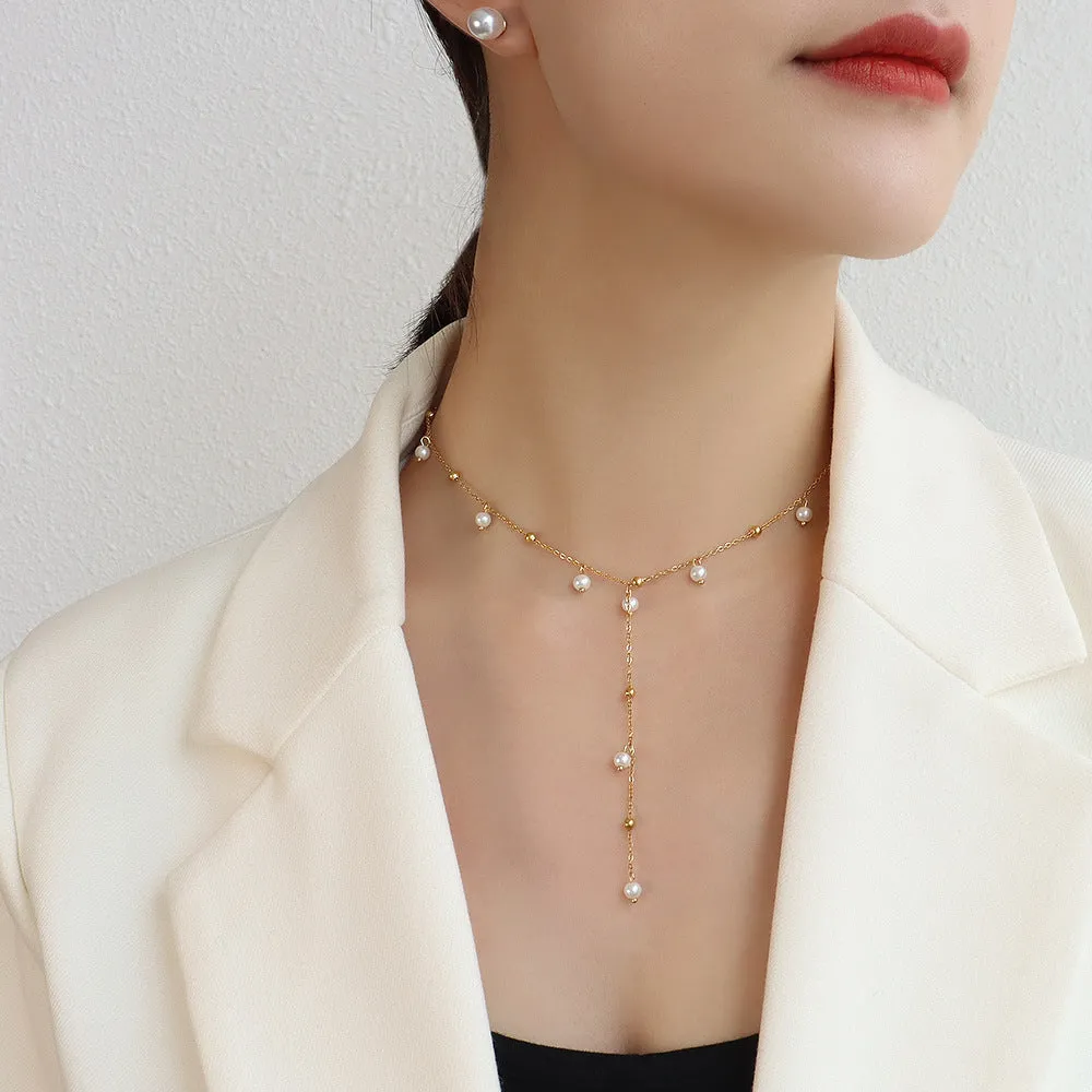 Imitation Baroque Pearl Tassel Necklace with Gold Plated Y-Shaped Chain