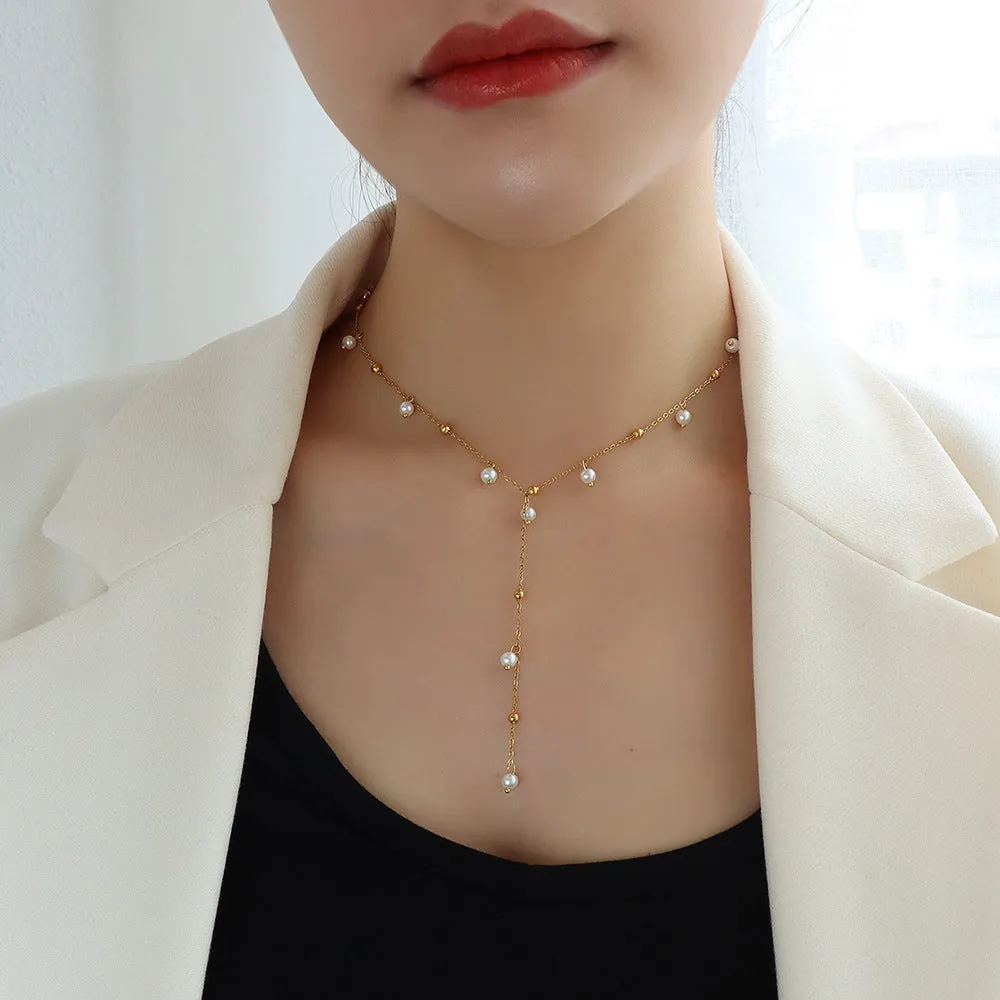 Imitation Baroque Pearl Tassel Necklace with Gold Plated Y-Shaped Chain