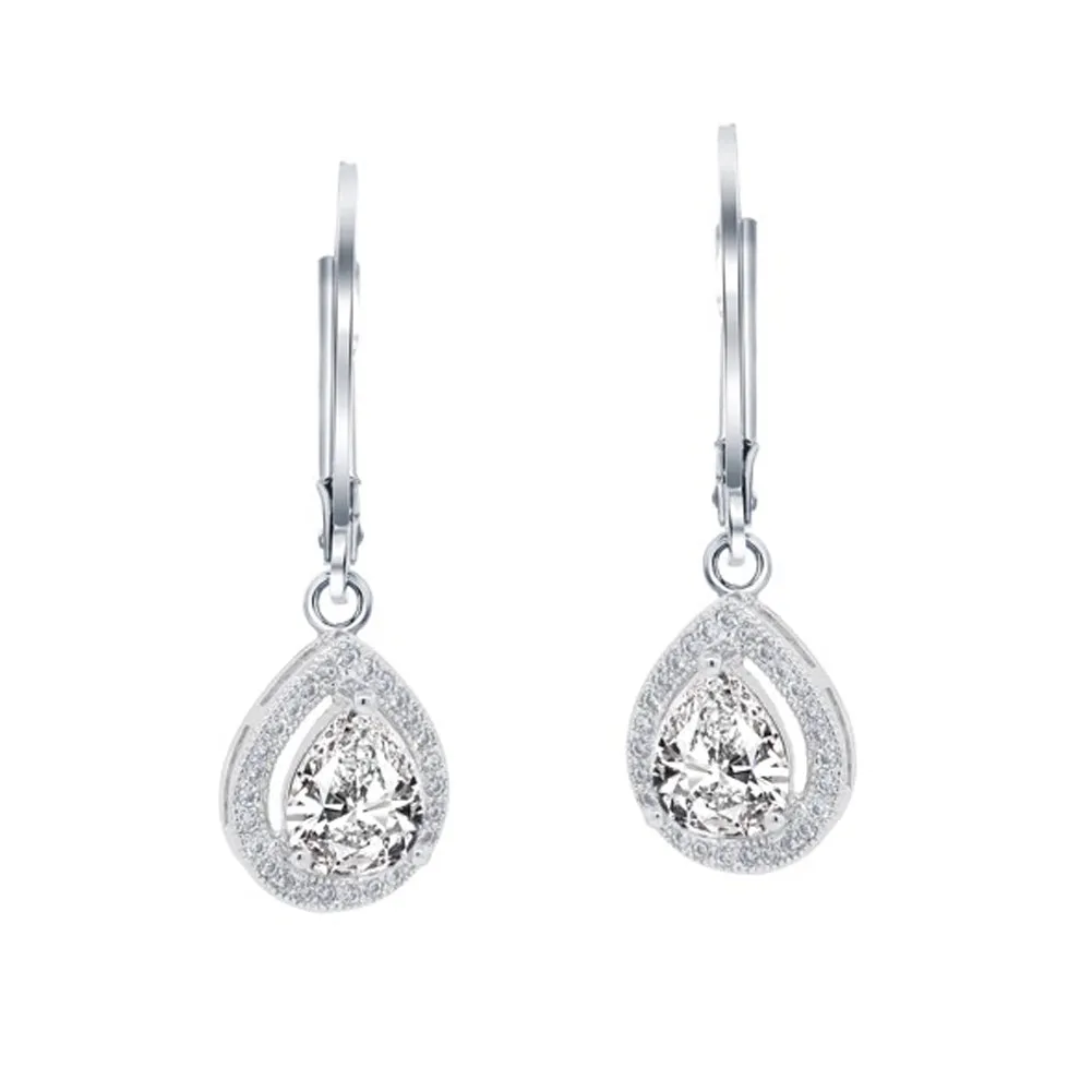 Izzy 18k White Gold Plated Halo Teardrop Earrings with Swarovski Crystals