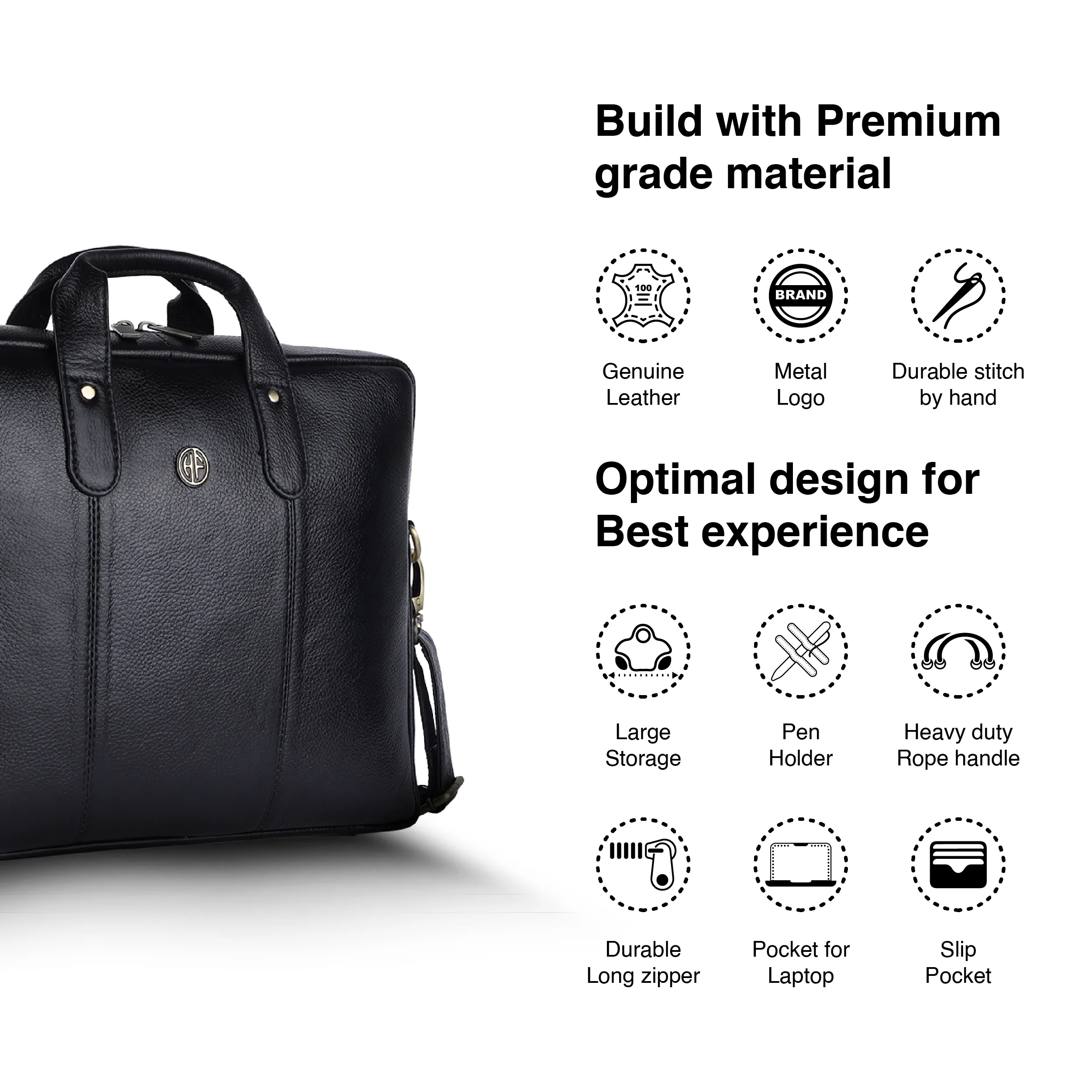 Laptop Bag for Men - Genuine Leather Office Bag - Fits 14/15.6/16 Inch Laptop - Black