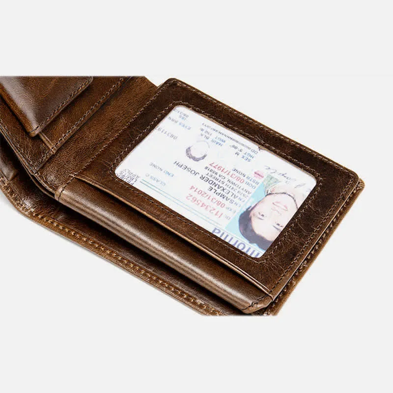 Men's Genuine Leather RFID Blocking Bifold Filp Wallet with ID Window