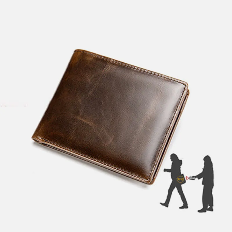 Men's Genuine Leather RFID Blocking Bifold Filp Wallet with ID Window