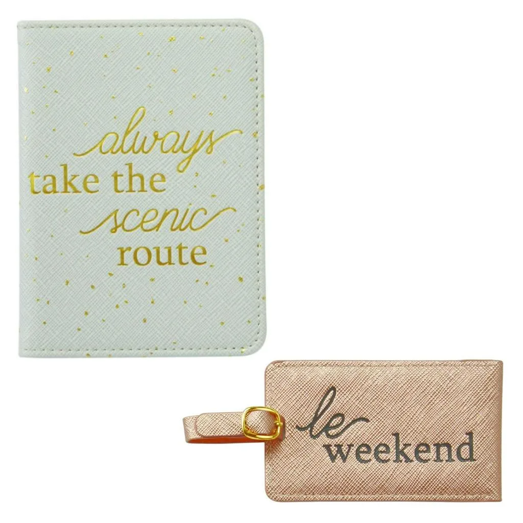 Mud Pie Womens Ivory Faux Leather Passport and Blush Pink Luggage Tag Set