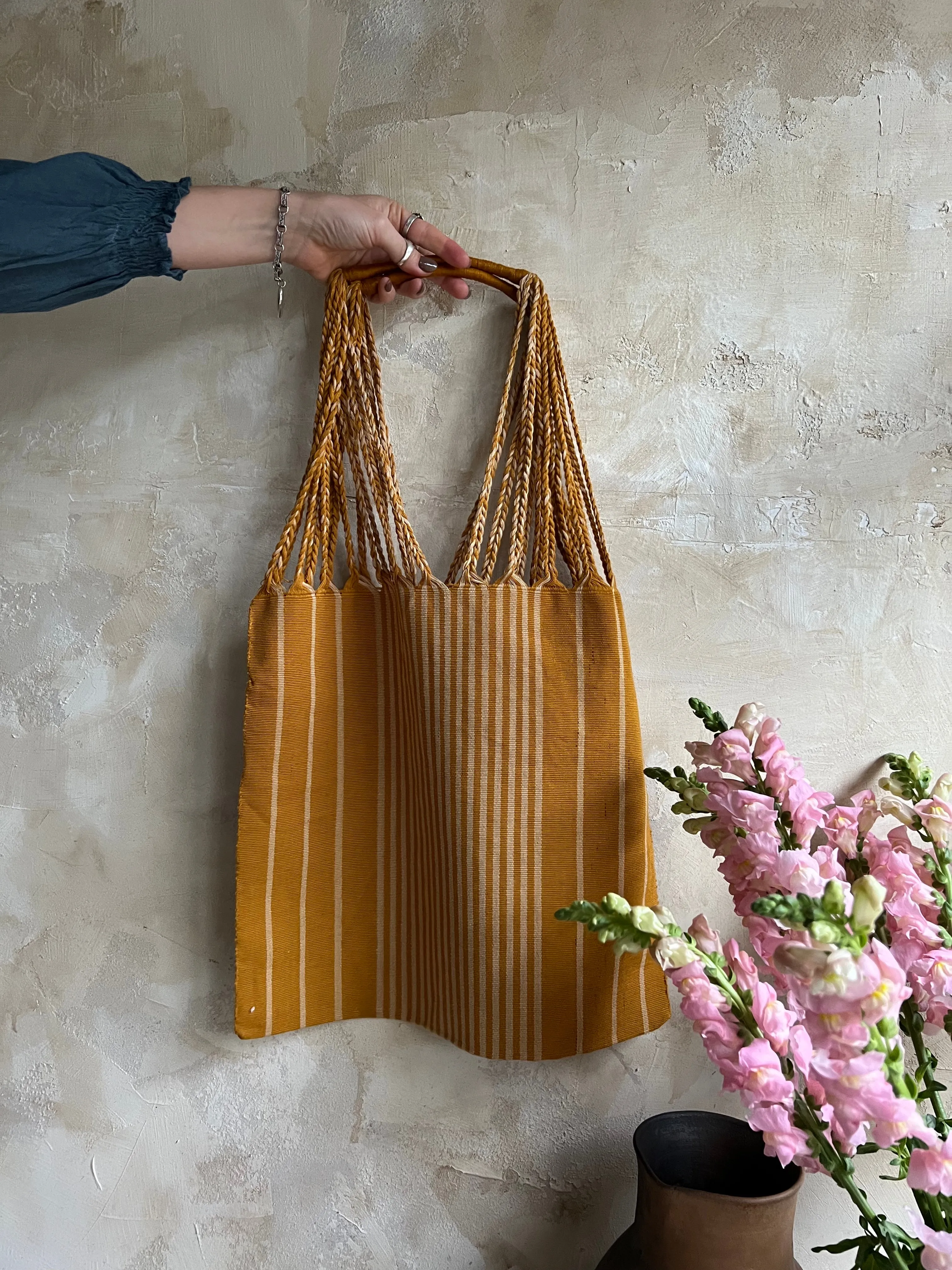 Mustard Woven Striped Tote Bag