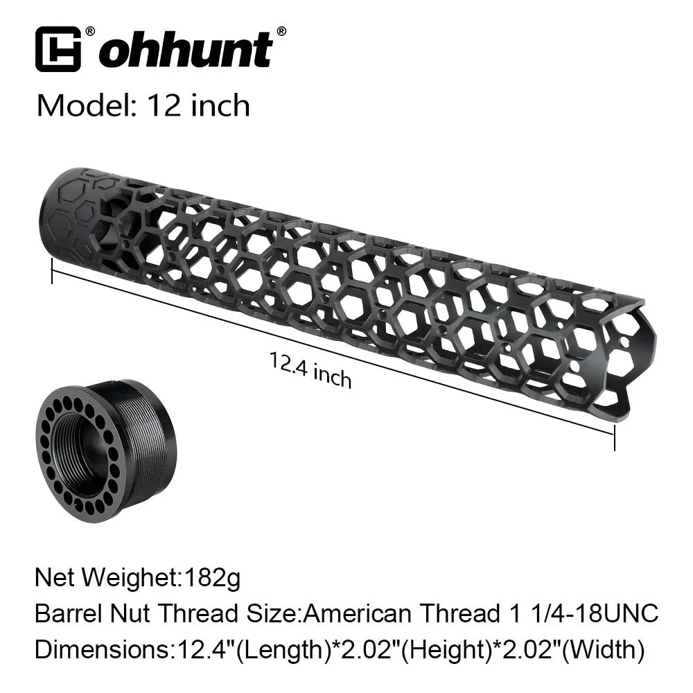 ohhunt® AR-15 Ultra Lightweight Hex Free Float Handguard with Barrel Nut Honeycomb Round Tube 7" 9" 12" 15"