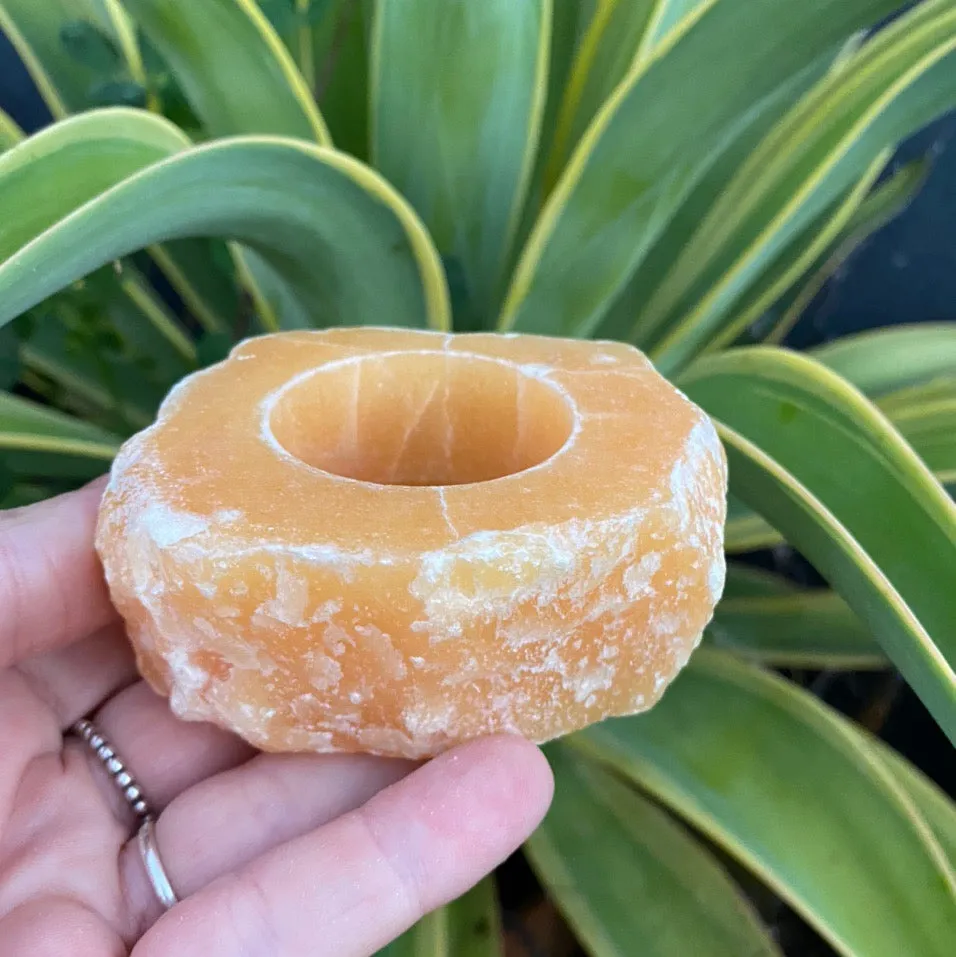 Orange Calcite Crystal Tea Light Holder Gift For Her