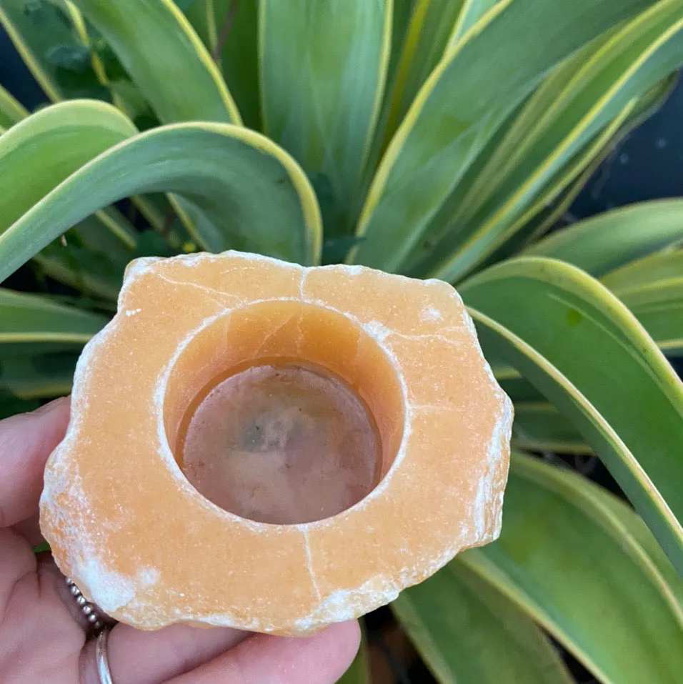 Orange Calcite Crystal Tea Light Holder Gift For Her