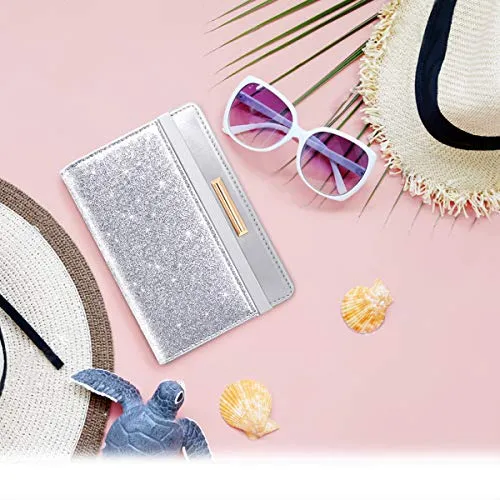 Passport Holder Cover Women's Travel Wallet RFID Blocking Cute Slim Passport Wallet with Elastic Band, Silver