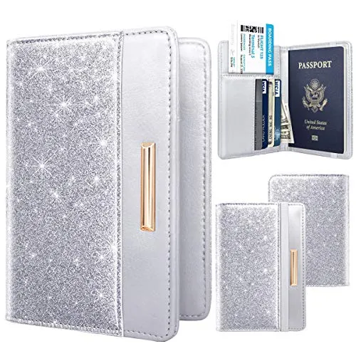 Passport Holder Cover Women's Travel Wallet RFID Blocking Cute Slim Passport Wallet with Elastic Band, Silver