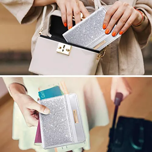 Passport Holder Cover Women's Travel Wallet RFID Blocking Cute Slim Passport Wallet with Elastic Band, Silver