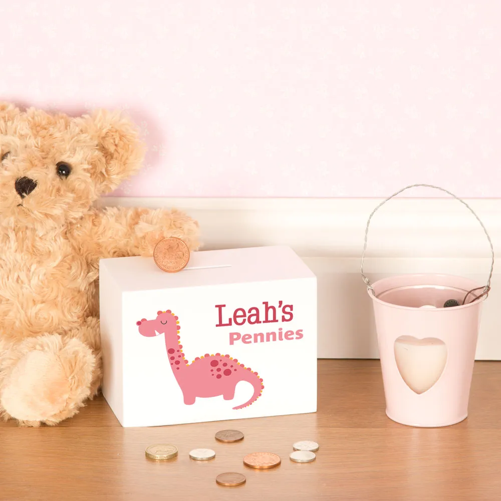 Personalised Dinosaur Wooden Moneybox - Pink