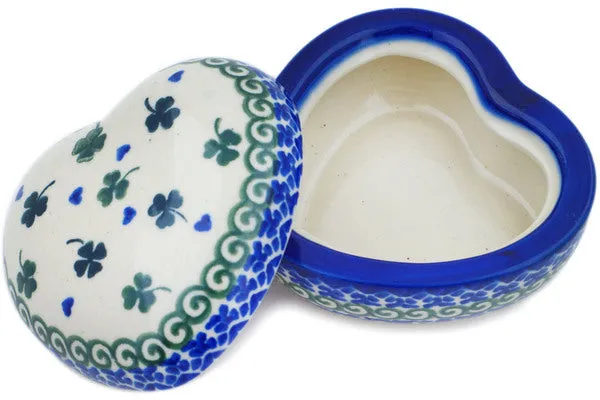 Polish Pottery 4" Heart Shaped Jar Lucky Clovers