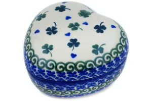 Polish Pottery 4" Heart Shaped Jar Lucky Clovers