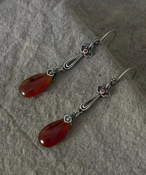 Retro Red Sterling Silver Water Drop Red Agate Drop Earrings QU046