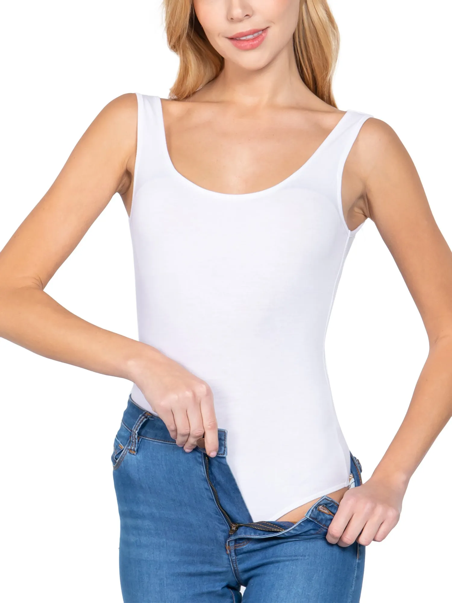 Scoop Neck Sleeveless Stretch Cotton Bodysuit Tank Top (FWT1198)