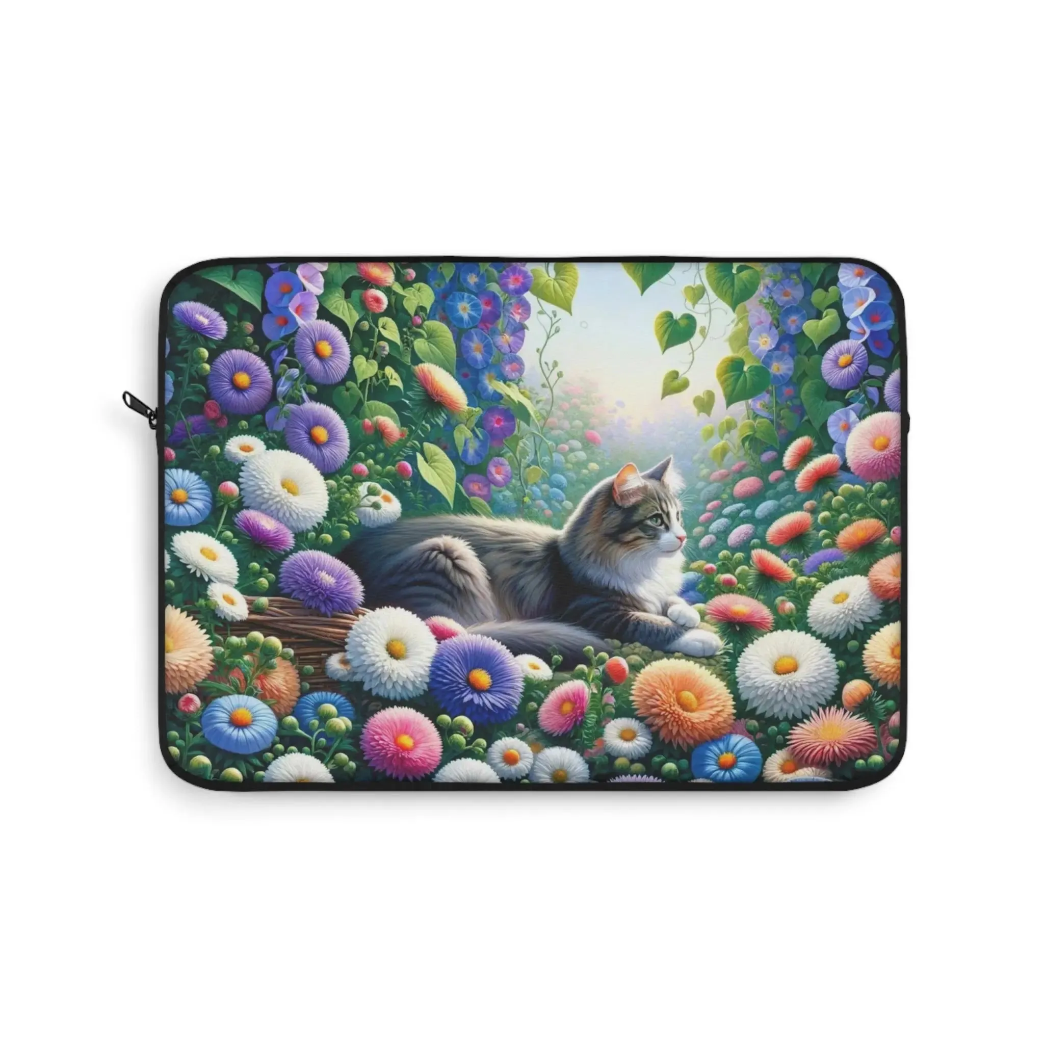 September Birth Flower - Aster and Morning Glory - Cat Lover - Laptop Sleeve
