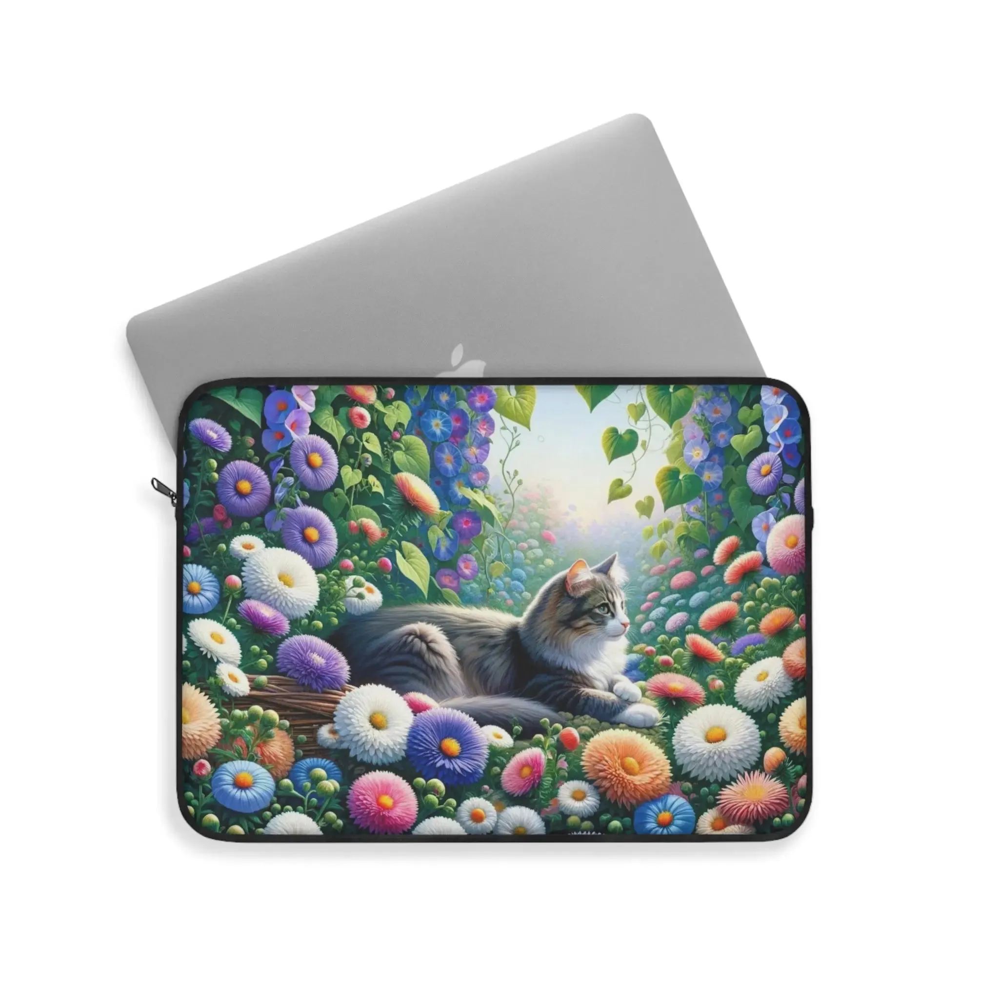 September Birth Flower - Aster and Morning Glory - Cat Lover - Laptop Sleeve