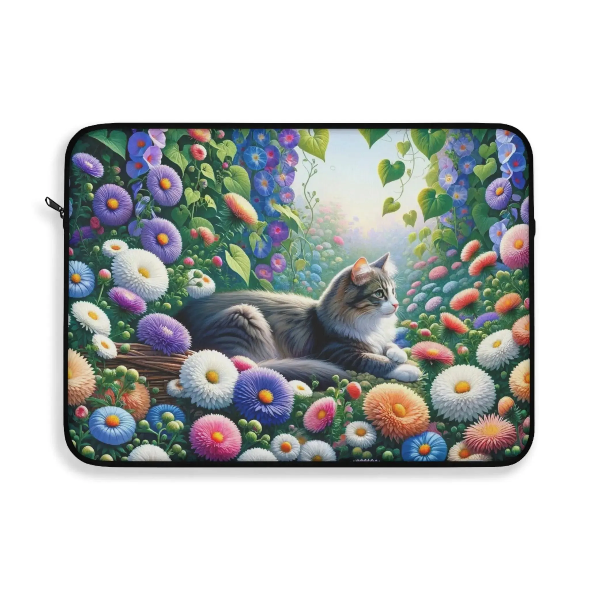 September Birth Flower - Aster and Morning Glory - Cat Lover - Laptop Sleeve