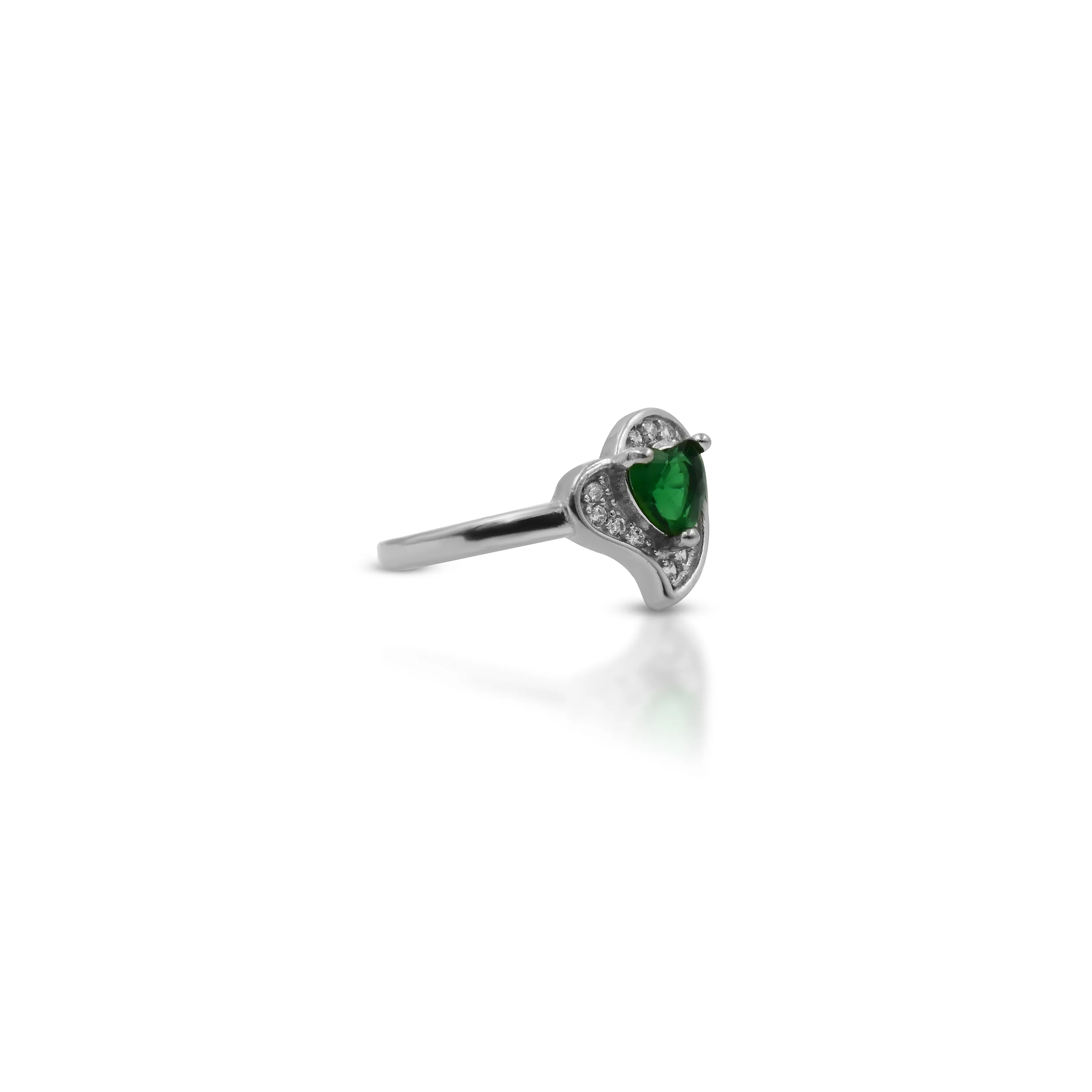 Silver Center Green Heart Shape Gem Stone with Leaf Design Ring for Girls