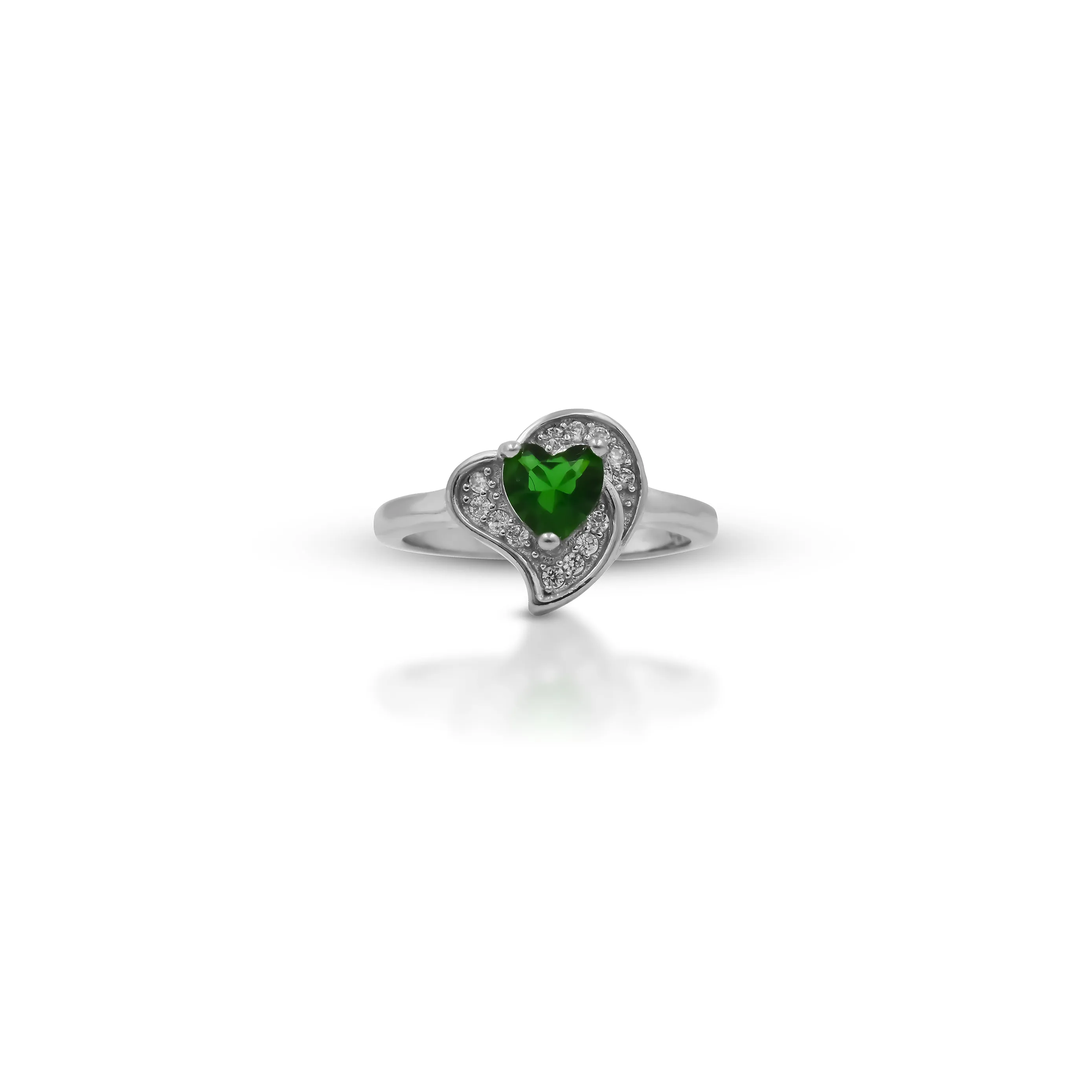 Silver Center Green Heart Shape Gem Stone with Leaf Design Ring for Girls