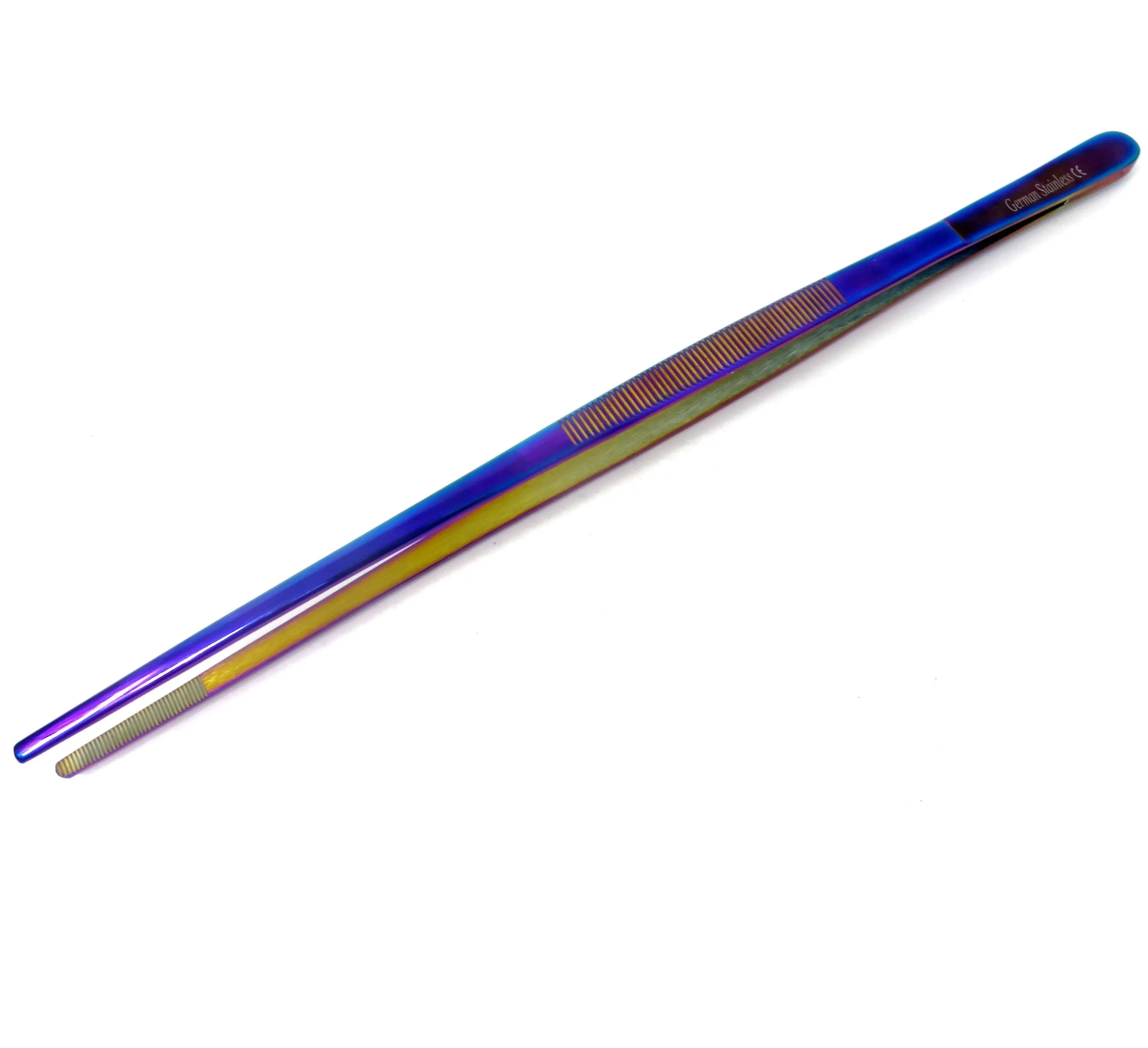 Stainless Steel Kitchen Tweezers Multi Titanium Color Straight Serrated Tips 12" Large Food Tongs