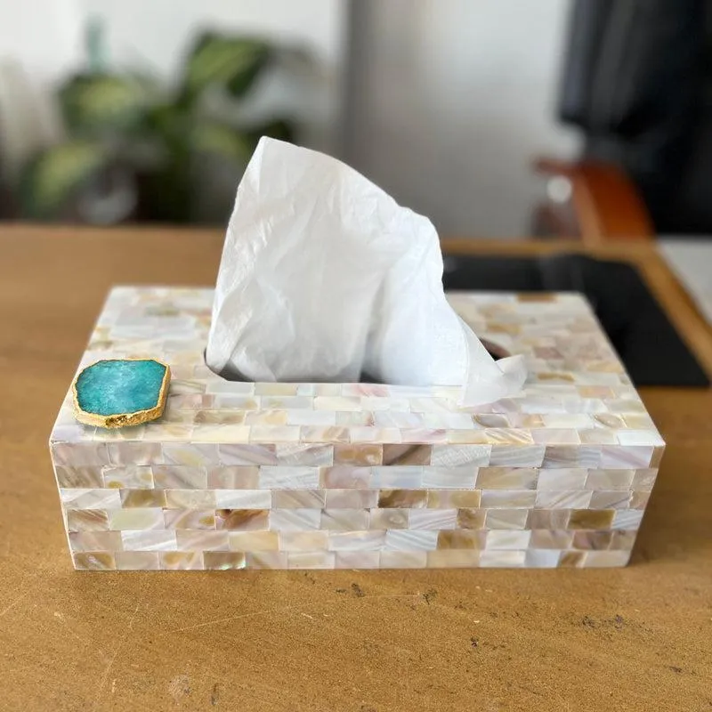 Suzzaine Handcrafted Mother Of Pearl & Agate Tissue Box - Green & Beige
