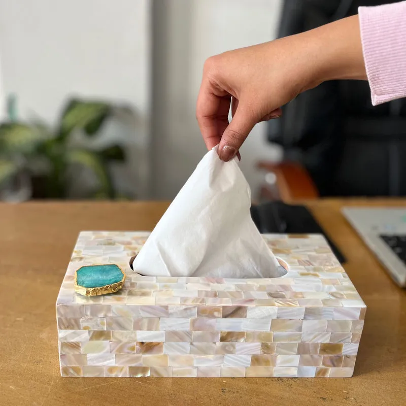 Suzzaine Handcrafted Mother Of Pearl & Agate Tissue Box - Green & Beige