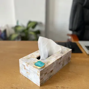 Suzzaine Handcrafted Mother Of Pearl & Agate Tissue Box - Green & Beige